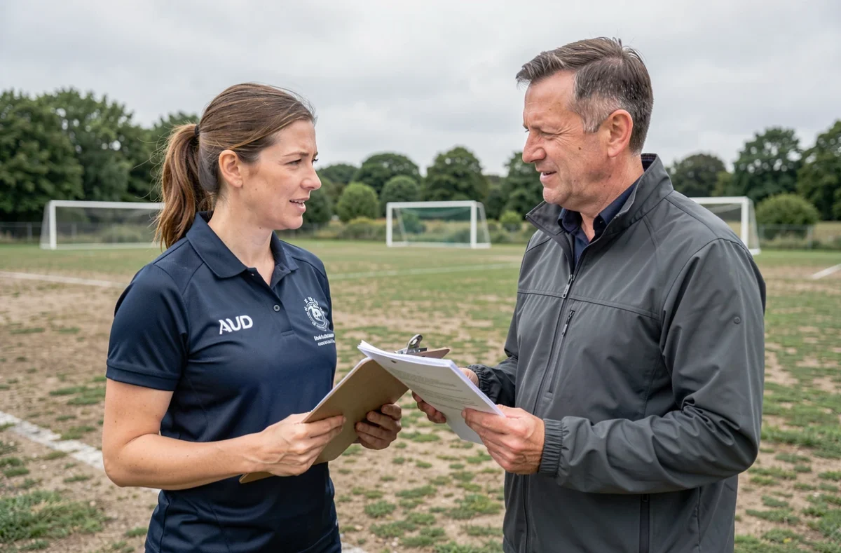 Coordinatrice sportive et partenaire local examinant les étapes d'un projet sur le terrain lors d'une collaboration County Sports Partnerships