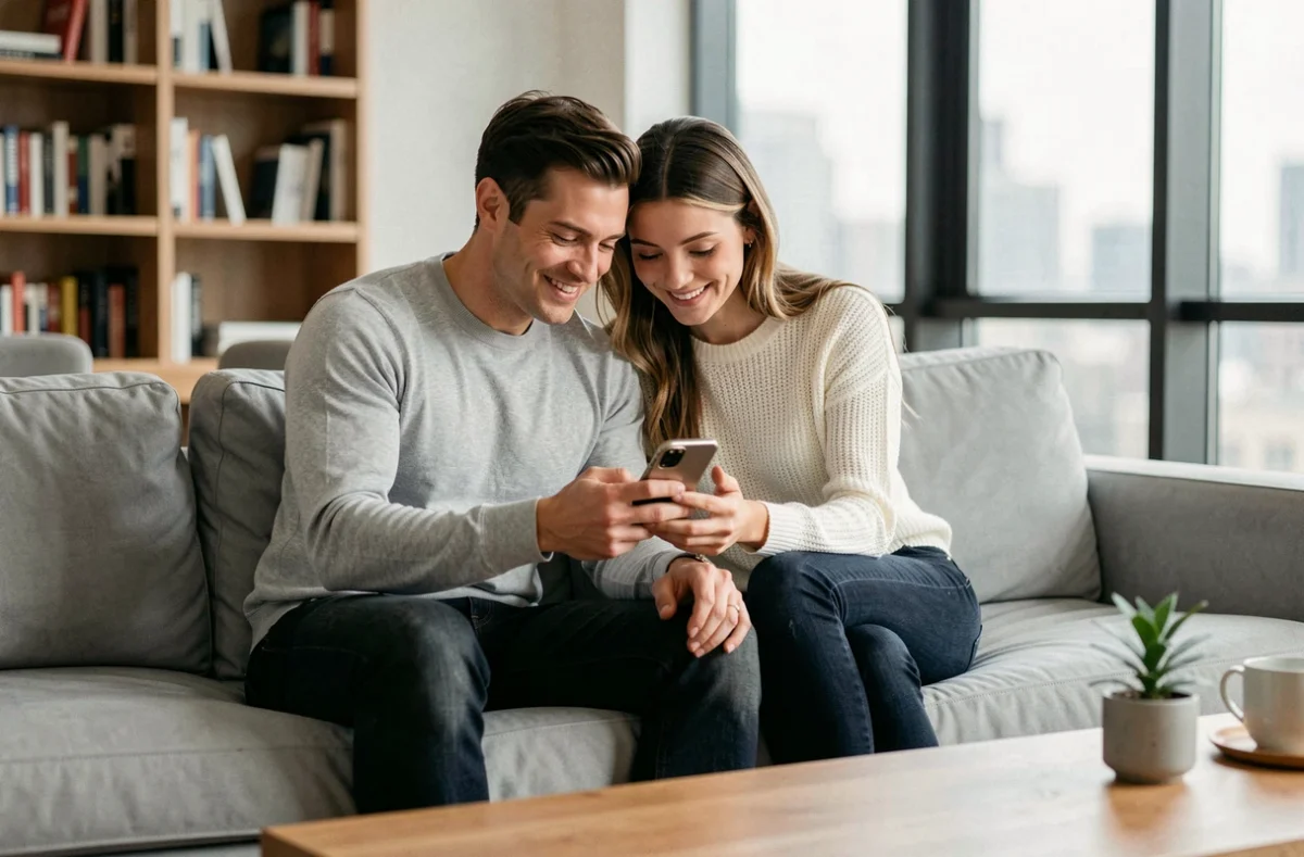 Couple détendu dans un appartement moderne regardant un smartphone ensemble, ambiance intime et naturelle
