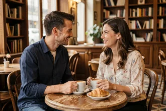 Couple complice partageant un café dans un bistrot parisien chaleureux, regard amoureux et sourires naturels