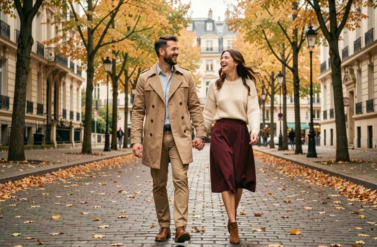Couple se promenant main dans la main sur un boulevard parisien en automne, feuilles dorées et tenues casual-chic