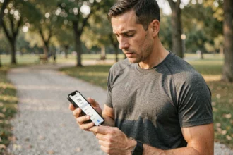 Coureur consultant un calculateur d'allure en km/h sur smartphone avant un entraînement en sentier urbain
