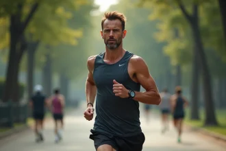 Coureur homme en entraînement marathon dans un parc urbain vérifiant son allure sur sa montre GPS