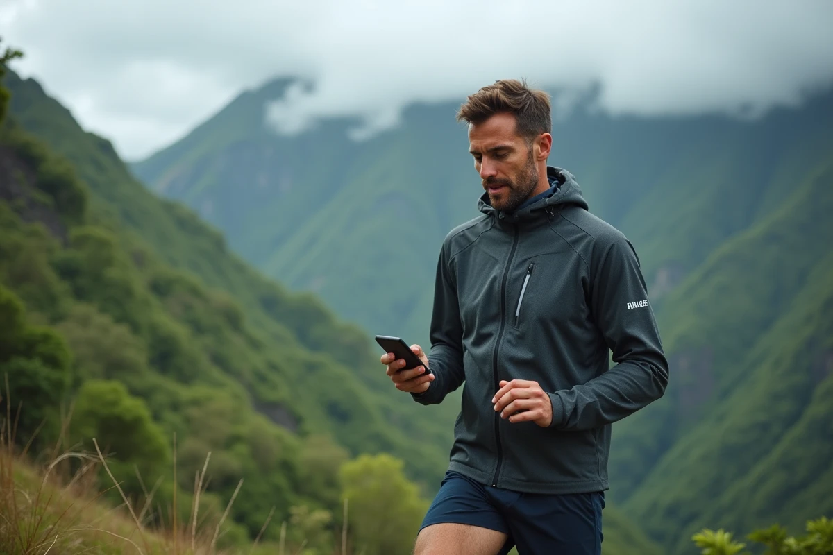 Coureur de trail consultant l'inscription à la Diagonale des Fous sur smartphone avec paysage montagneux de La Réunion en arrière-plan