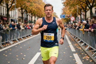 Coureur masculin en plein effort pendant un marathon en ville, visant un sub 3h30