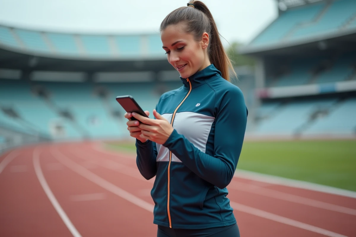 Coureuse analysant ses temps de passage sur smartphone après une séance de fractionné sur piste