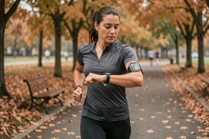 Coureuse vérifiant sa montre GPS pour relier fréquence cardiaque et allure au kilomètre pendant l'entraînement en parc