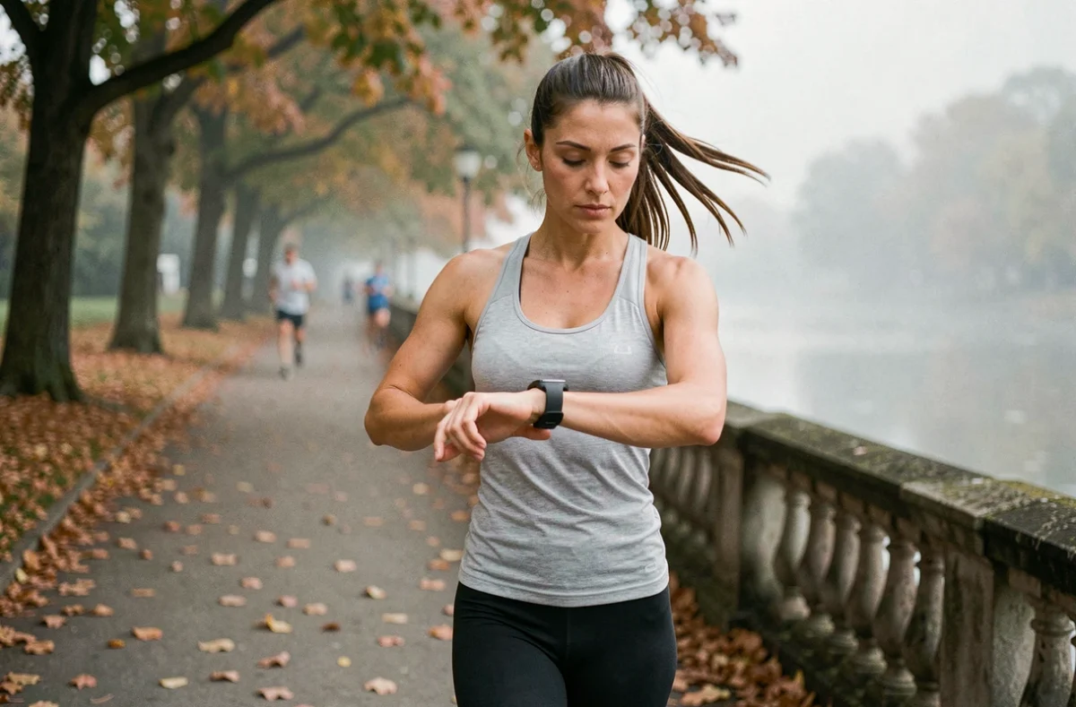 Coureuse vérifiant sa montre GPS pour contrôler sa vitesse moyenne lors d'un entraînement marathon