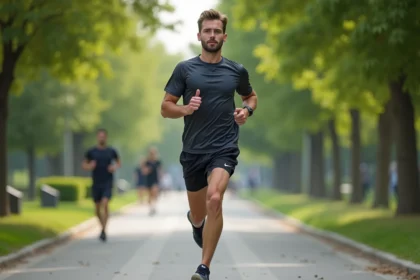 Jeune homme courant dans un parc vert au matin