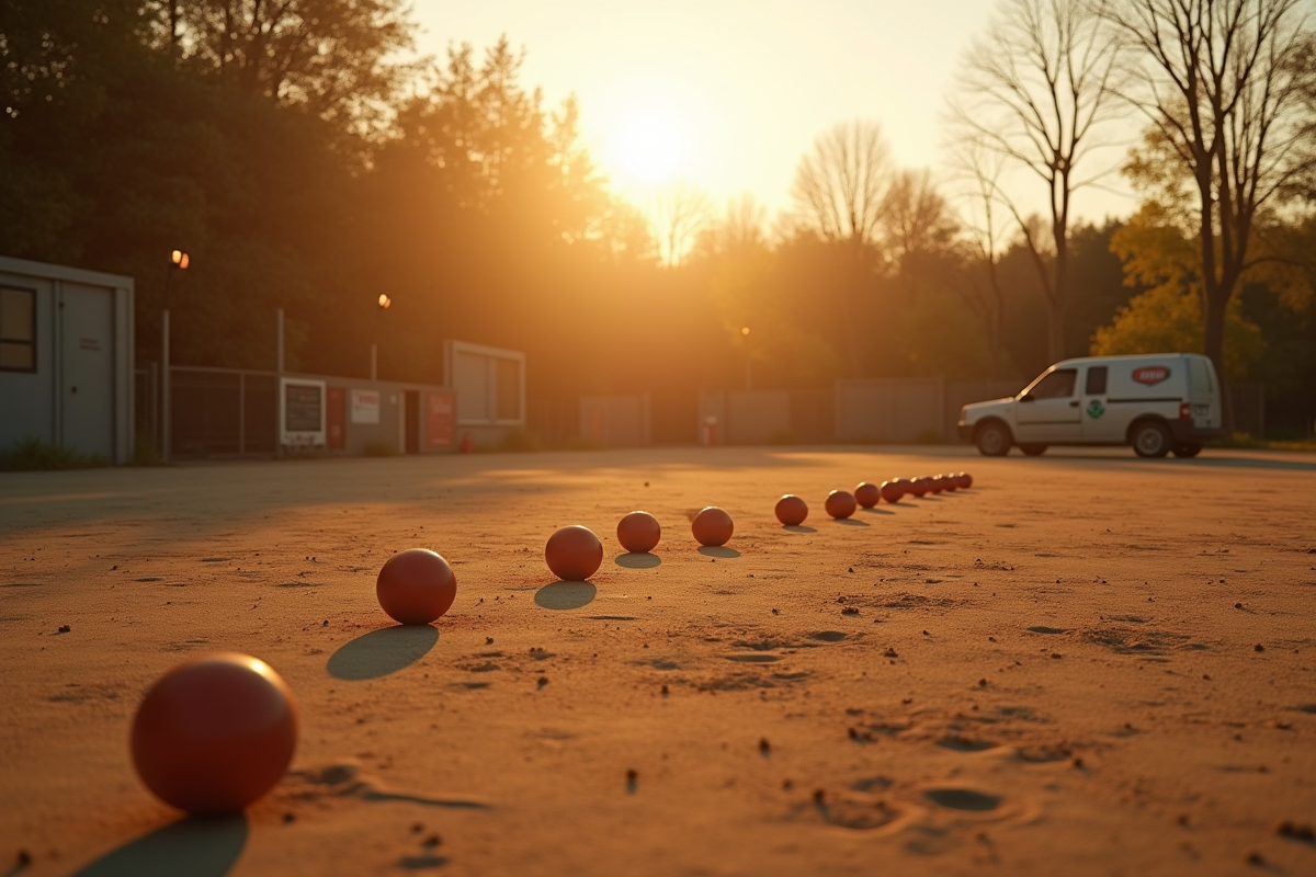 Court de pétanque vide au coucher de soleil