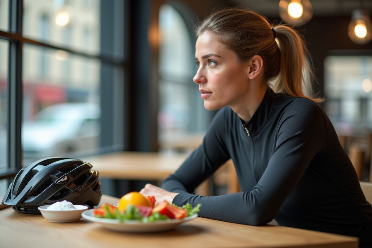 Cycliste contemplant un bol de sucre dans un café urbain