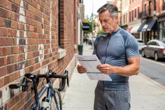 Cycliste professionnel d'âge mûr consultant son planning d'événements 2026 appuyé contre un mur de briques urbain