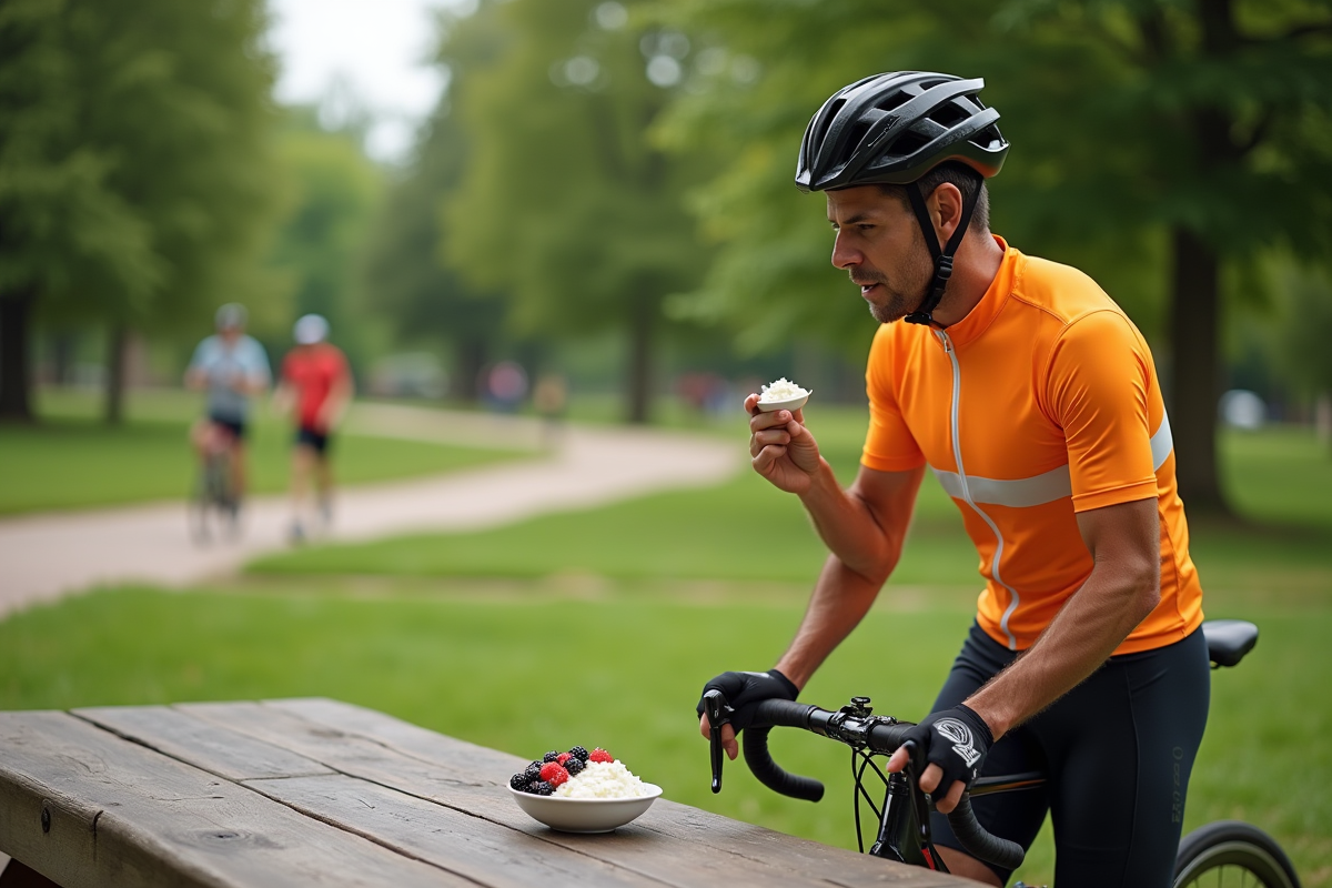 Cycliste mangeant des fruits en plein air dans un parc