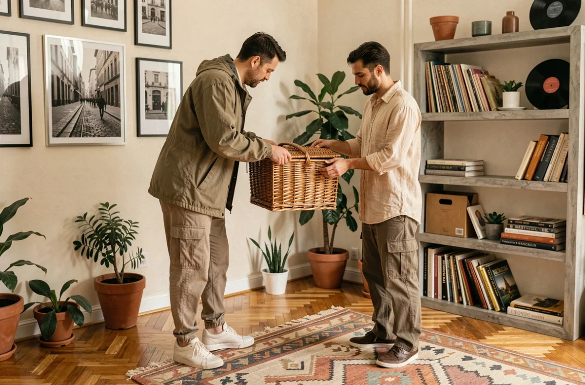Couple arrangeant un panier en osier de style terrain de basket sur le mur d'un salon décoré avec des plantes, des vinyles et des éléments de décoration urbaine