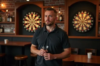 Joueur de fléchettes en position de lancer à la distance officielle de compétition devant une cible bristle dans un pub