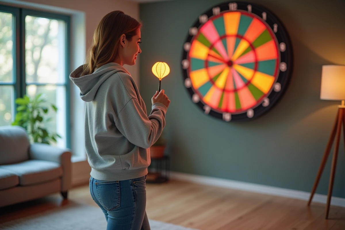 Femme jouant aux fléchettes en mode loisir sur une cible électronique dans une salle de jeux à domicile