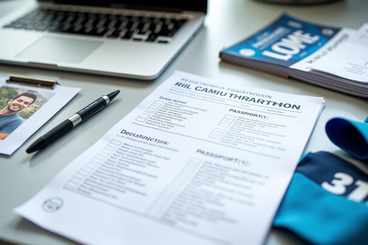 Dossier d'inscription complet pour la Diagonale des Fous avec certificat médical, checklist et dossard posés sur un bureau