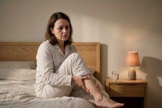 Femme d'âge moyen assise sur le bord du lit la nuit, massant son mollet douloureux avec une expression de gêne