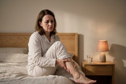 Femme d'âge moyen assise sur le bord du lit la nuit, massant son mollet douloureux avec une expression de gêne