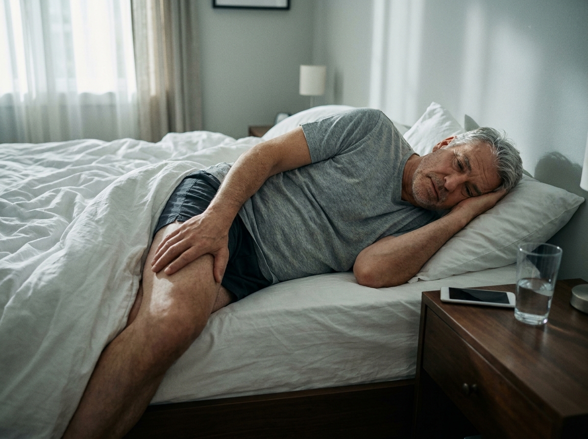 Homme âgé allongé dans son lit la nuit, tenant sa cuisse avec une expression de douleur et d'insomnie
