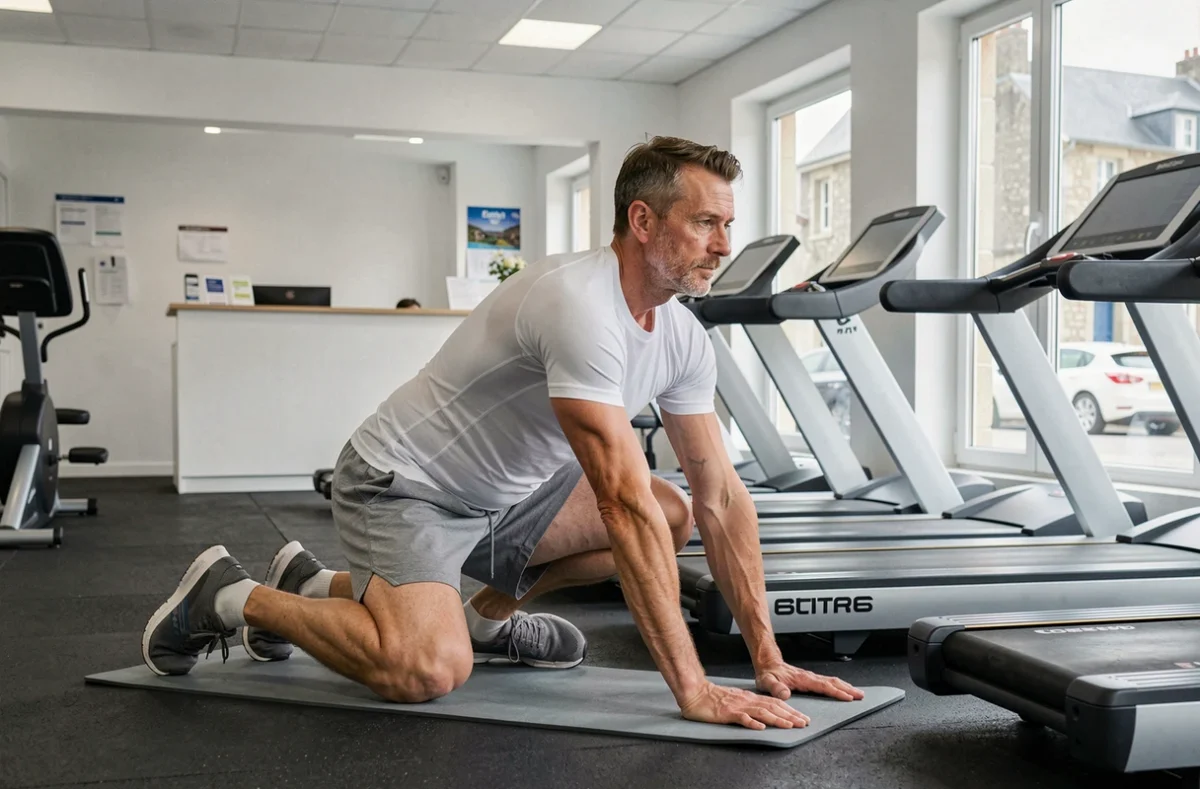 Homme s'étirant sur un tapis dans la salle Elancia de Lannion avec équipements cardio en arrière-plan
