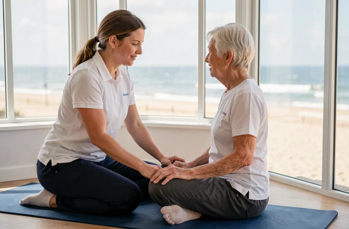 Élise, enseignante en Activité Physique Adaptée aux Sables-d'Olonne, accompagnant une participante âgée en bord de mer