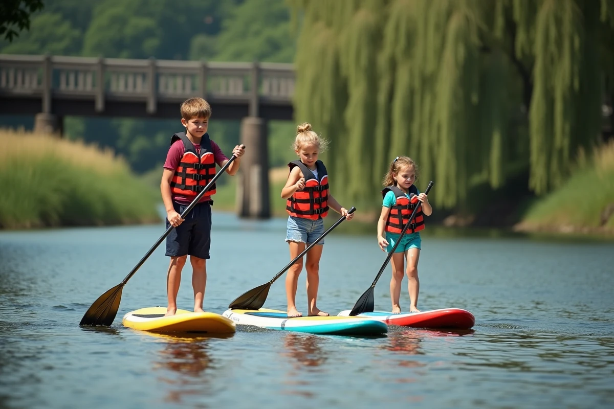 Groupe d'enfants et adolescents s'initiant au paddle en toute sécurité sur une rivière calme avec gilets de sauvetage