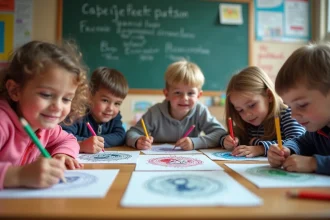 Enfants dessinant des logos de football colorés en classe