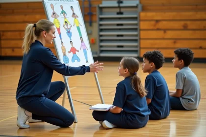 Enseignante d'EPS expliquant les champs d'apprentissages à des élèves assis dans un gymnase avec un poster illustré