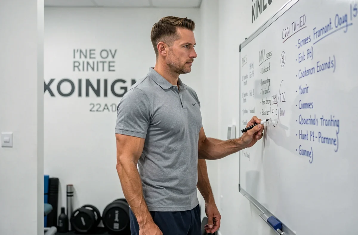 Coach de la structure Ensenat Coaching présentant un programme d'entraînement dans un studio moderne à Toulouse