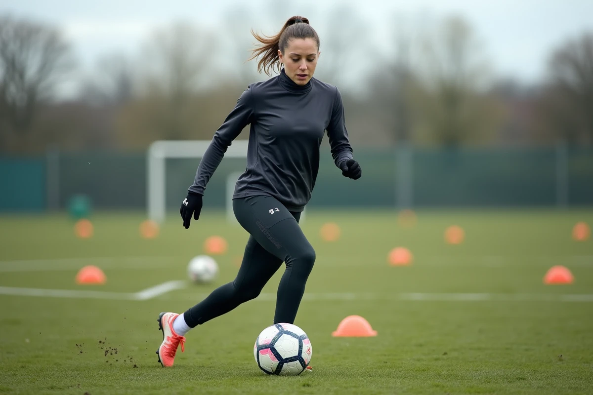 Joueuse de football féminin à l'entraînement dribblant avec des cônes sur un terrain d'entraînement