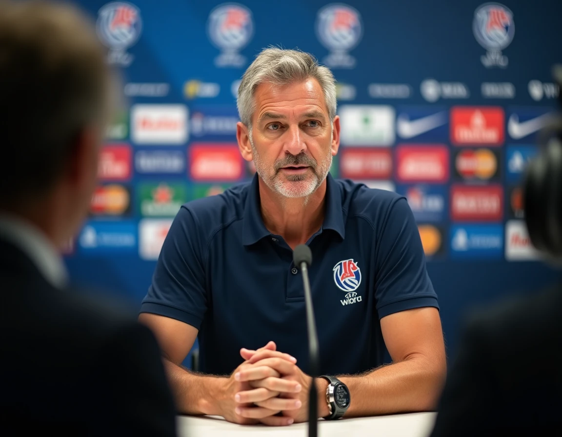 Entraîneur de l'AS Roma en conférence de presse expliquant ses choix tactiques devant les médias sportifs