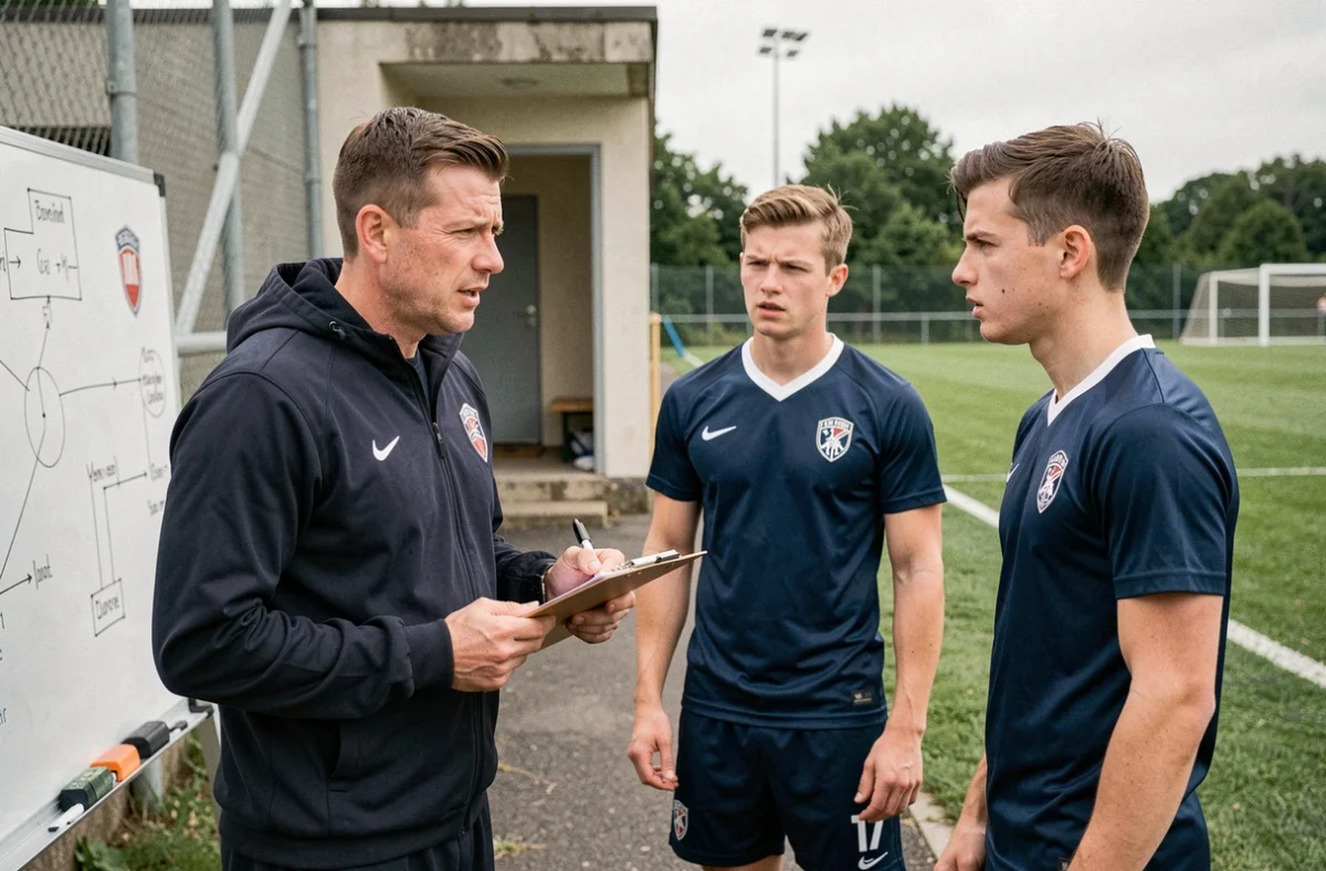 Entraîneur d'un club de football de l'Essonne donnant des consignes tactiques à ses joueurs à l'entraînement