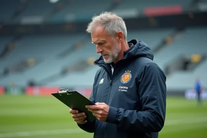 Entraîneur du FC Nantes étudiant un tableau tactique lors d'une séance d'entraînement, illustrant les décisions liées aux rumeurs de transfert