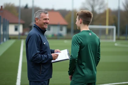 Entraineur football en tracksuit avec un jeune joueur sur le terrain