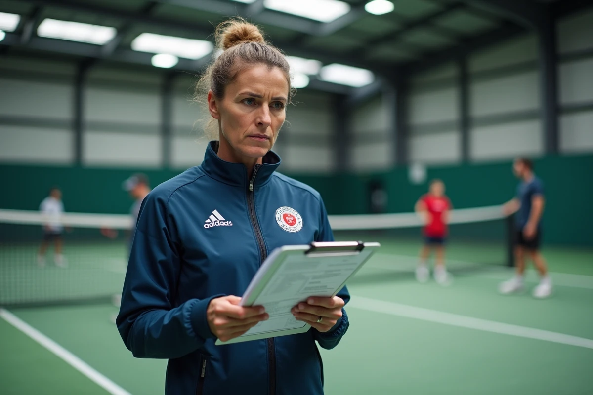 Entraîneuse de padel consultant un tableau de classement et barème de points sur un court intérieur, symbolisant les nouvelles règles P100 2026