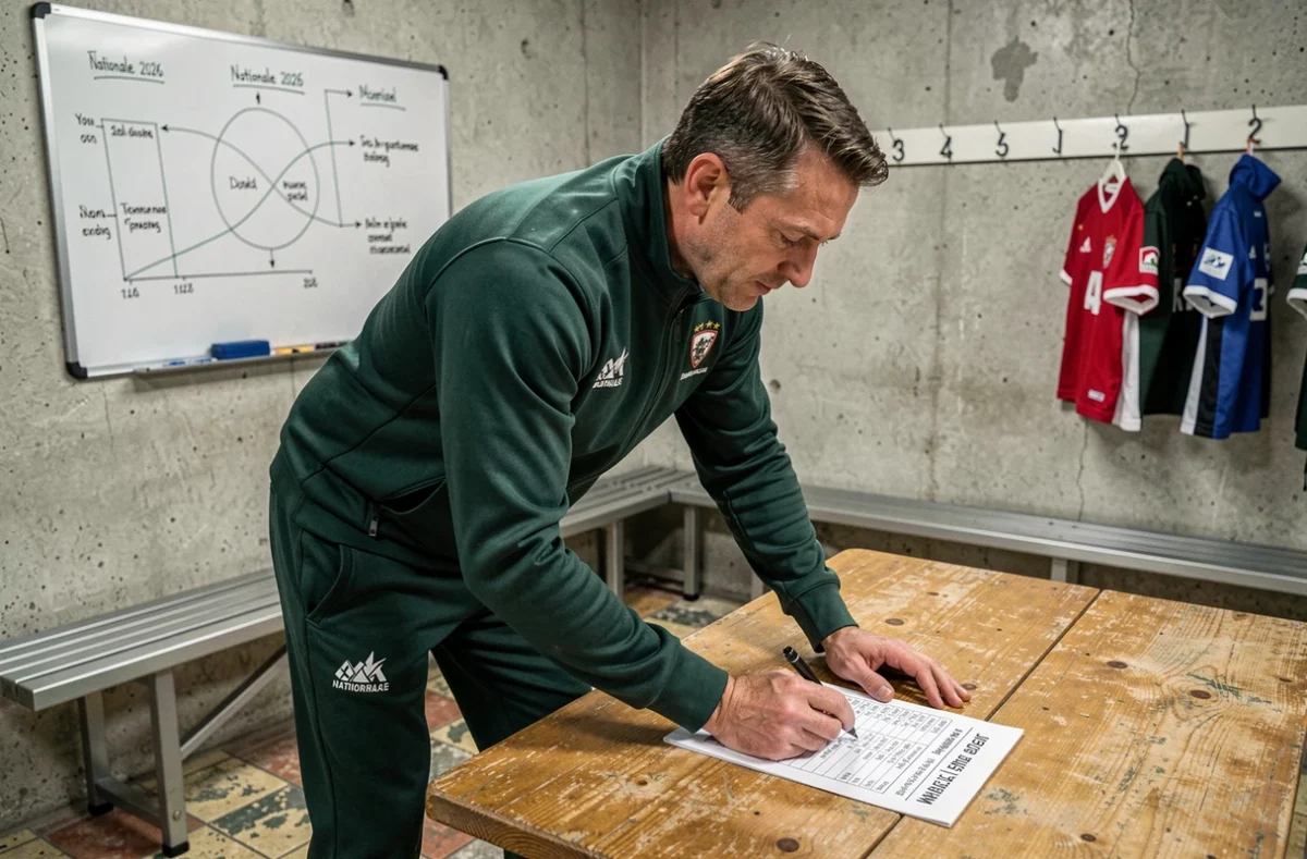 Entraîneur de rugby analysant le calendrier complet de la Nationale 2026 dans un vestiaire