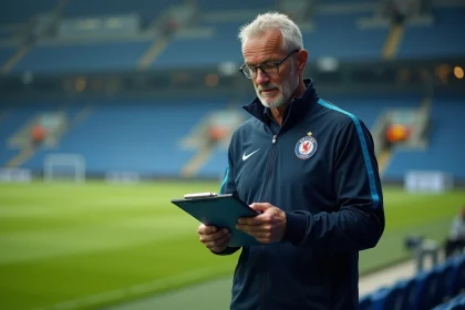 Entraîneur de football étudiant un tableau tactique avant un match de demi-finale de Coupe de France