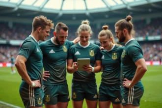 Groupe de joueurs de rugby en huddle sur le terrain avec score