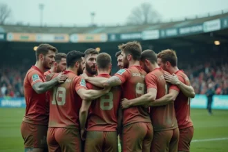 Groupe de joueurs de rugby en huddle après match intense