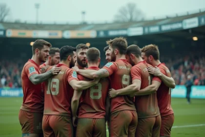 Groupe de joueurs de rugby en huddle après match intense