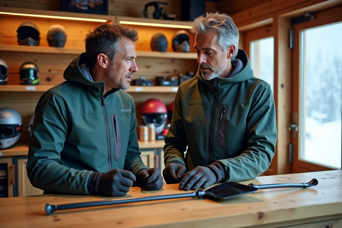 Deux skieurs inspectant une sonde et une pelle avalanche dans un magasin de matériel de montagne