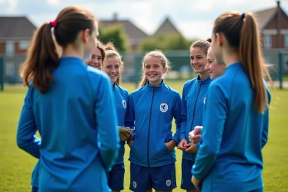 Jeunes filles en uniforme de football en équipe sur le terrain