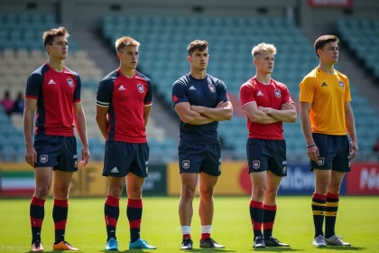 Jeunes rugbymen en uniforme sur le terrain lors d'un entraînement
