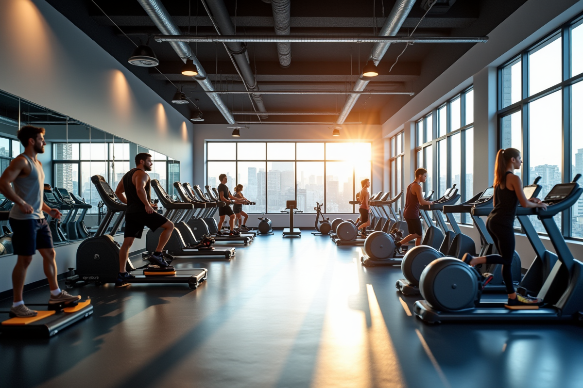 Salle de sport lumineuse avec appareils cardio et groupe d