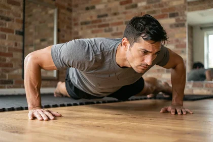 Homme réalisant un pompe contrôlé en callisthénie avec une mauvaise progression dans une salle de sport minimaliste