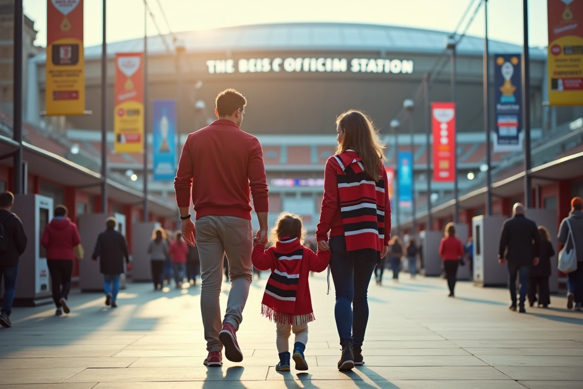 Famille marchant vers le stade de rugby avec écharpes