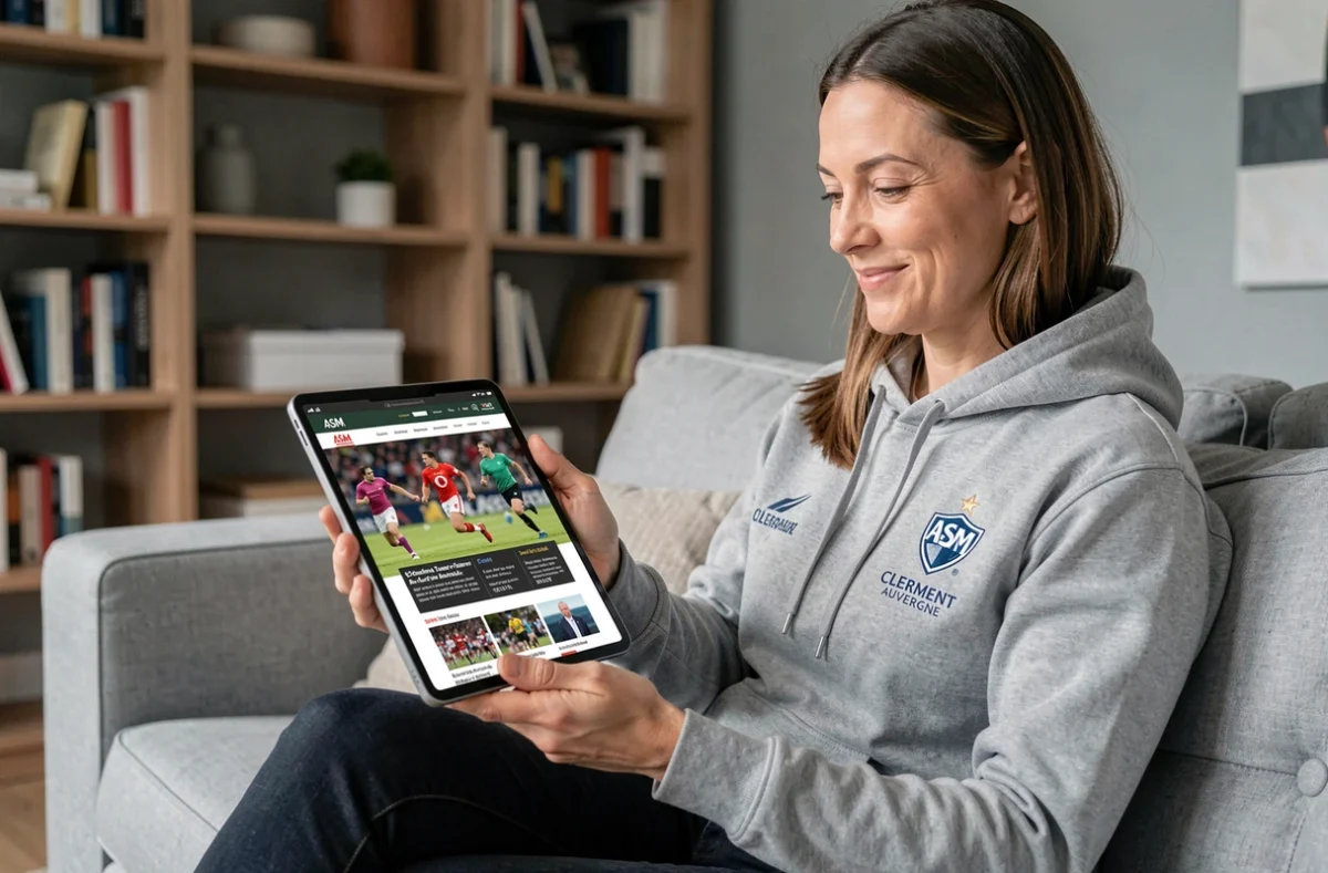 Fan de l'ASM CyberVulcans naviguant sur le site officiel du club sur une tablette dans son salon