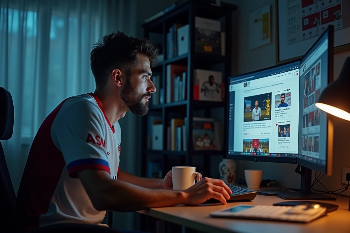 Fan de l'ASM consultant un forum de football sur ordinateur avec discussions et rumeurs de transferts