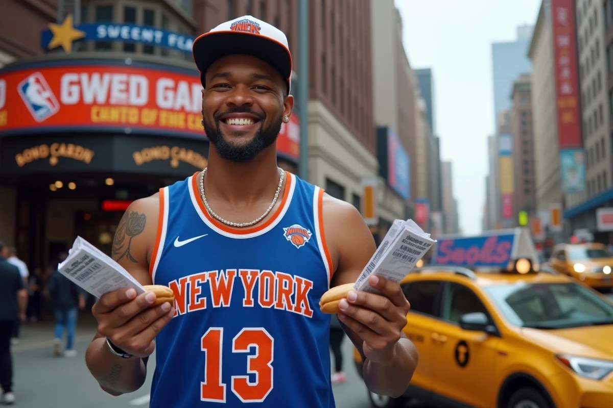 Fan de basket portant un maillot des Knicks devant le Madison Square Garden à New York avec ses billets à la main