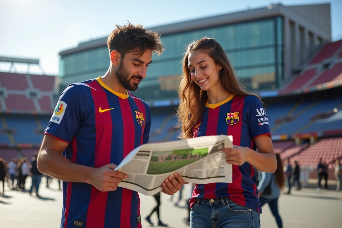 Jeunes fans de football discutant devant le stade Camp Nou